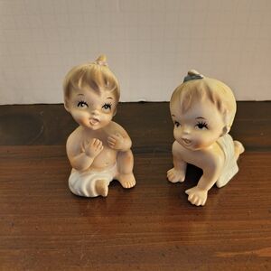 Vintage Baby Figurine Pair - Cream and Tan Ceramic Home Accents